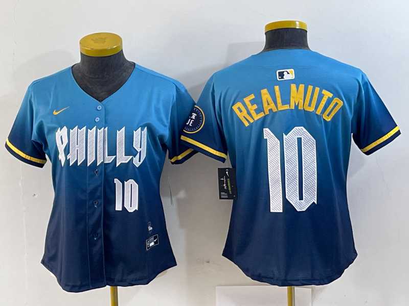 Women%27s Philadelphia Phillies #10 JT Realmuto Number Blue 2024 City Connect Limited Stitched Jerseys